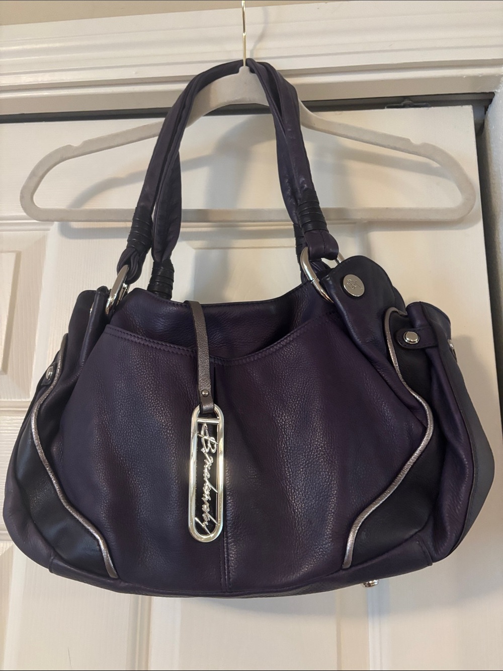 B makowsky Deep Purple Leather Shoulder Bag with Silver Accents